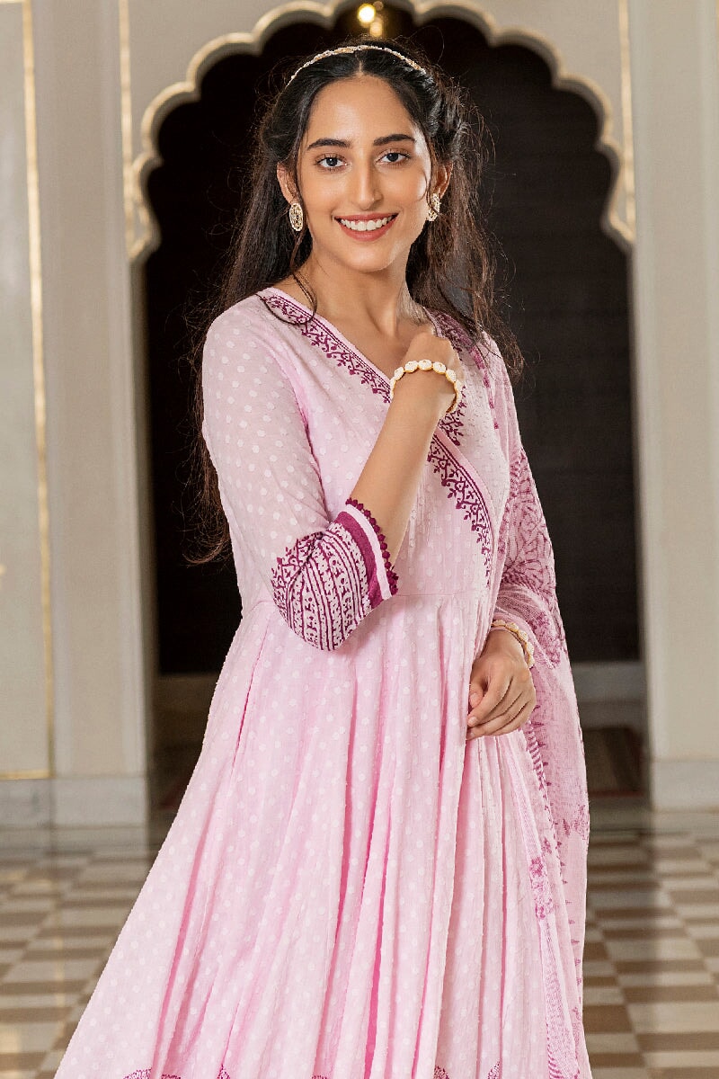 Zoya Light Pink Handblock Printed Angrakha Kurta With Pant & Dupatta