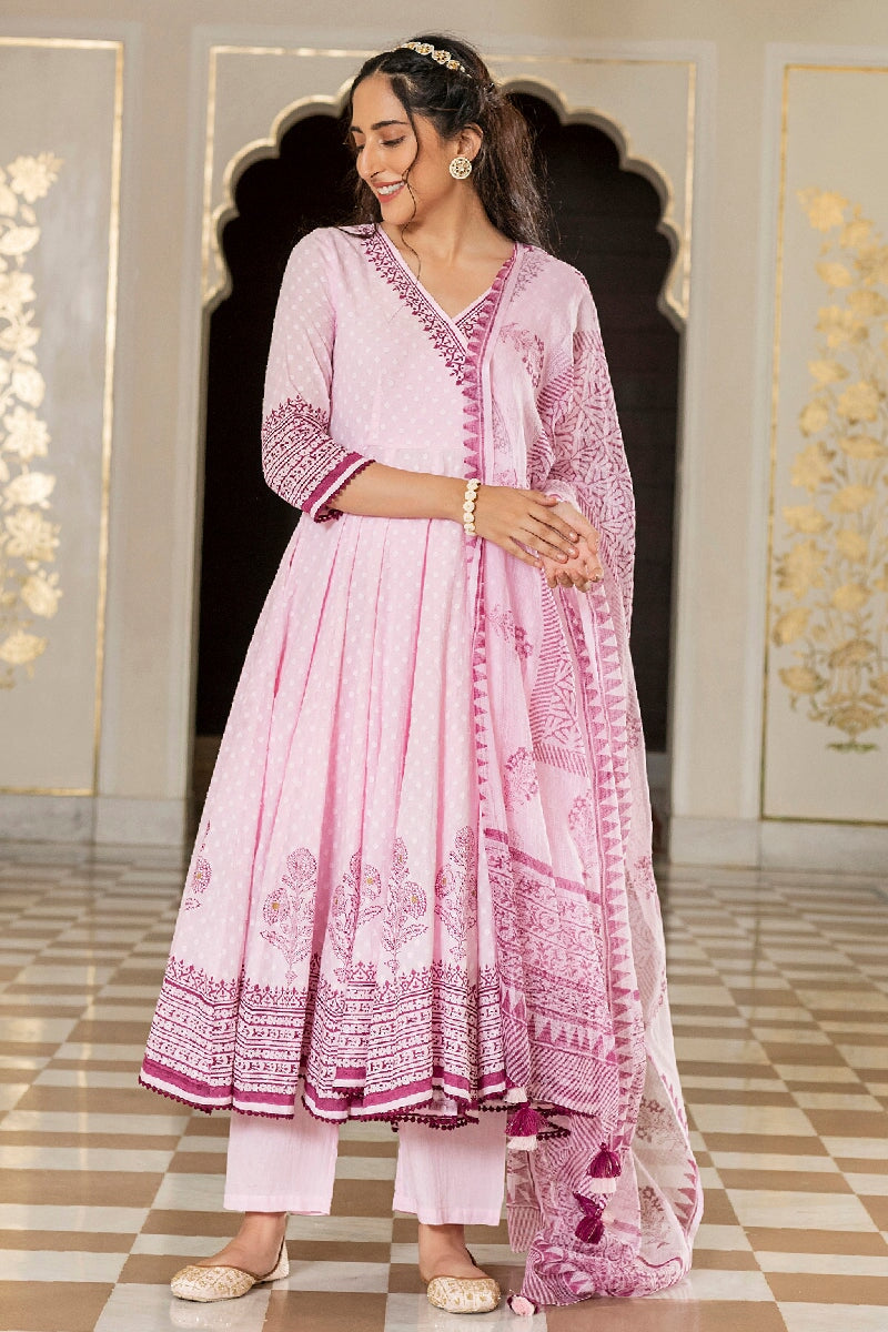 Zoya Light Pink Handblock Printed Angrakha Kurta With Pant & Dupatta
